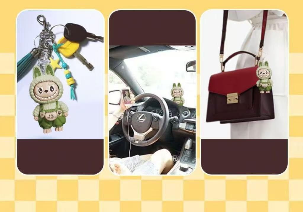 Labubu Keychain with Changeable Faces, Cartoon Key Chain for Bag Charms Handbag Purse Backpack Accessories-Green